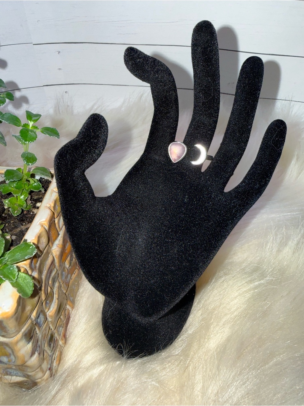 Adjustable Silver Moon & Pink Teardrop Ring - Crescent Moon Design